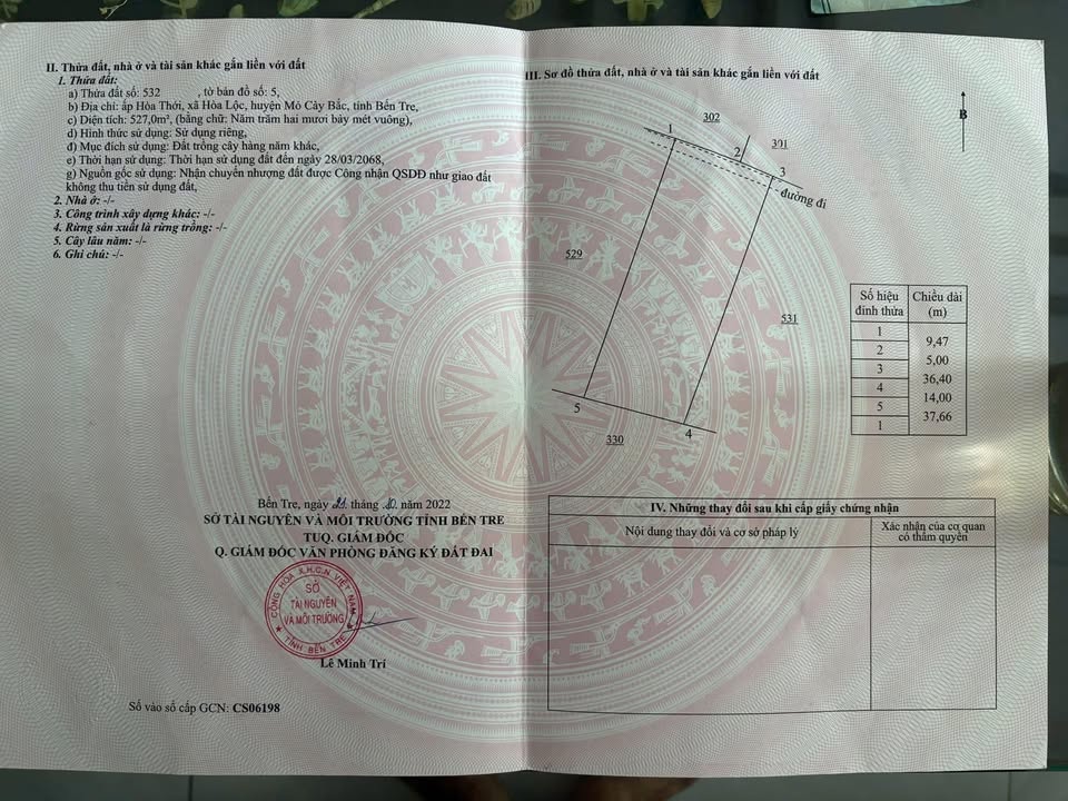 Đất Vườn 527m² Hòa Lộc, Mỏ Cày Bắc, Bến Tre - Giá Đầu Tư 430 Triệu