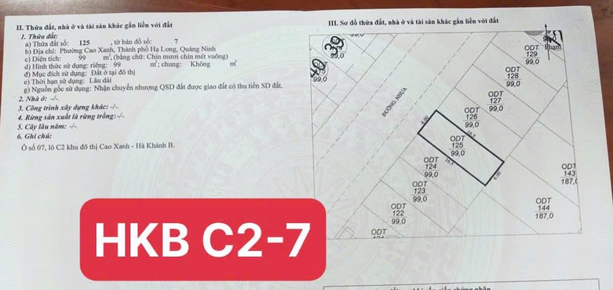 Đất nền Cao Xanh Hà Khánh B 99m² - Sổ đỏ chính chủ, giá tốt!