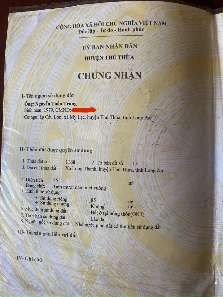 Đất nền Long Thạnh, Thủ Thừa 85m² – Sổ đỏ chính chủ, giá tốt!