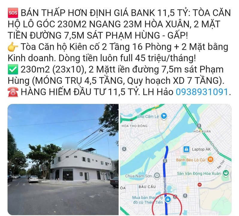 Tòa nhà căn hộ Hòa Xuân 230m² sát Phạm Hùng - Đầu tư sinh lời!