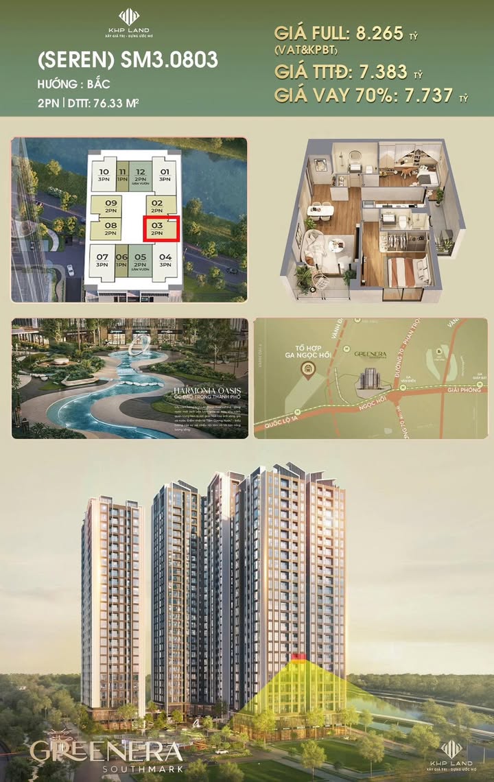 Chung cư GreenEra Southmark 76m² - 2PN Hướng Bắc, Giá từ 7.383 tỷ