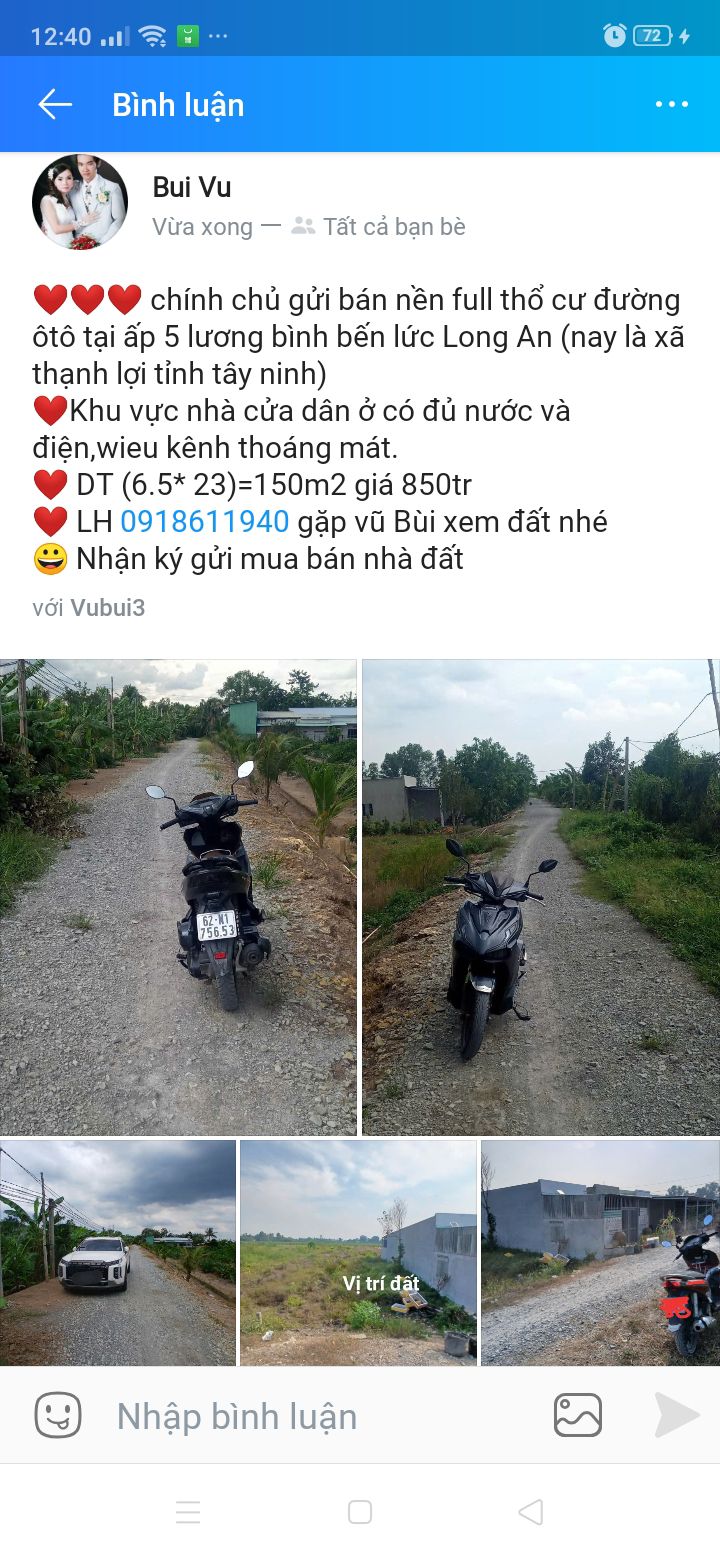 Bán đất Bến Lức Long An 150m² giá 850 triệu - Sổ đỏ chính chủ