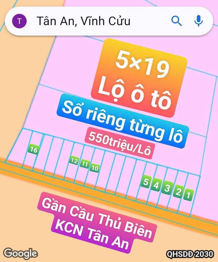 Đất Vĩnh Cửu 90m² Sổ Hồng Riêng - Gần KCN Tân An, Giá 550 Triệu
