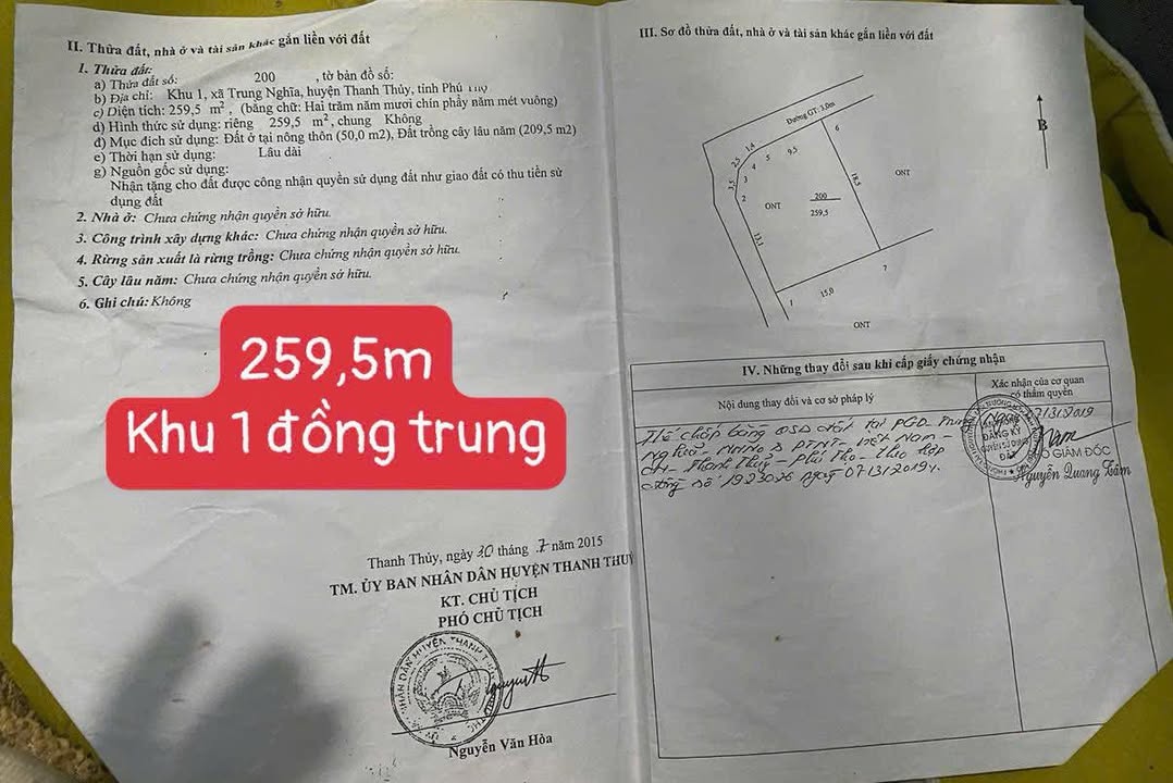 Đất Tặng Nhà 259.5m² Xã Đồng Trung, Thanh Thủy - Sổ Đỏ Rõ Ràng, Giá Hời