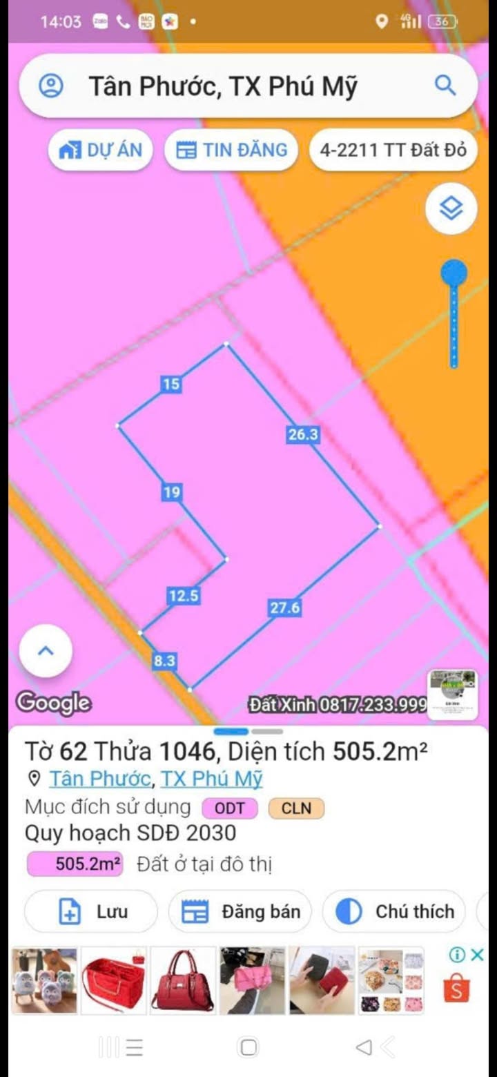 Đất nền Sông Xoài, Phú Mỹ 505m² giá 2.75 tỷ - Sổ hồng chính chủ