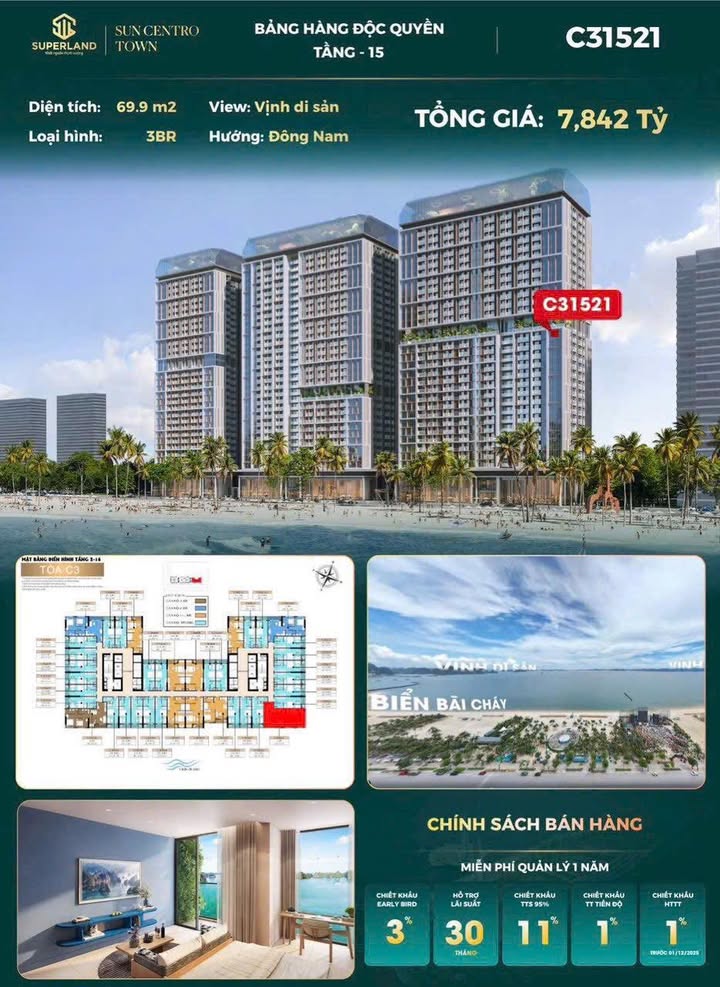 Căn hộ góc 3PN Sun Centro Town 70m² - View Vịnh Di Sản Hạ Long