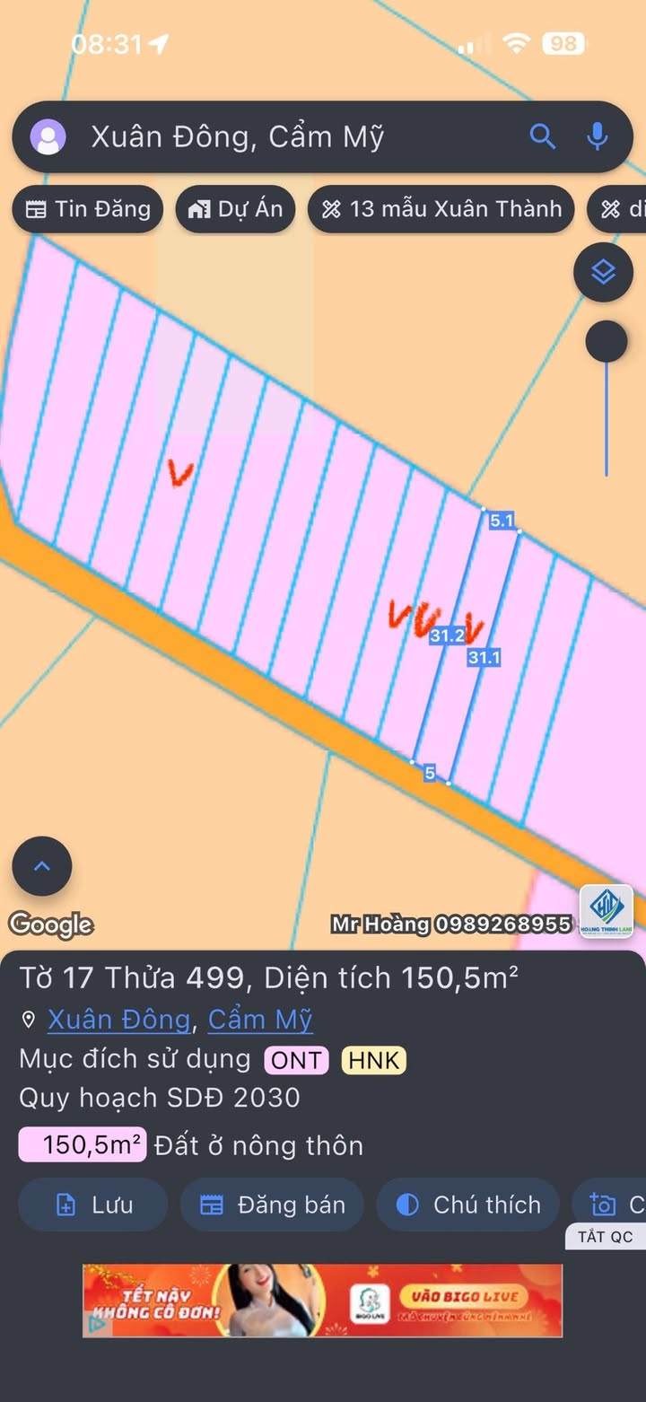 Đất thổ cư sổ riêng Cẩm Mỹ 155m² - Giá chỉ 360 triệu