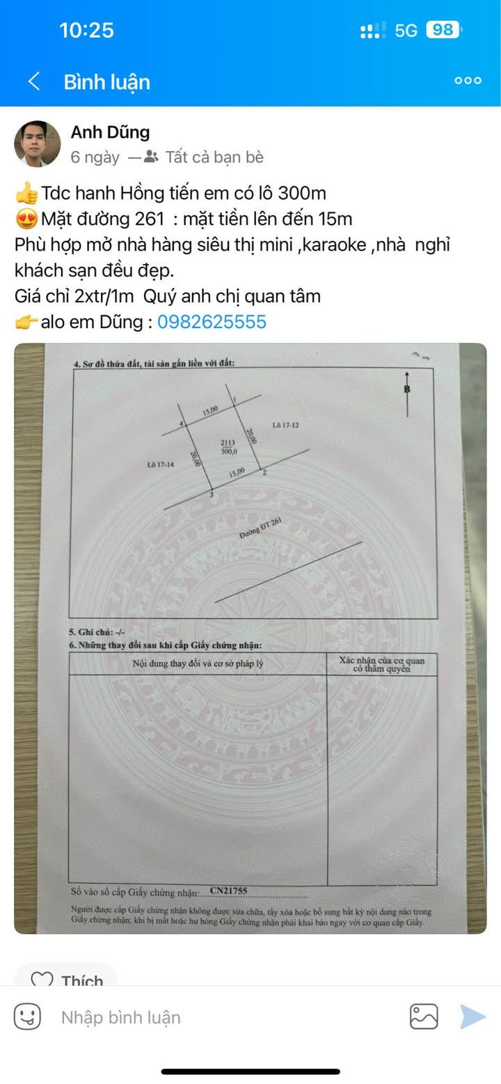 Đất nền Mặt đường 261 Phổ Yên 300m² full thổ cư - Giá đầu tư 7.2 tỷ