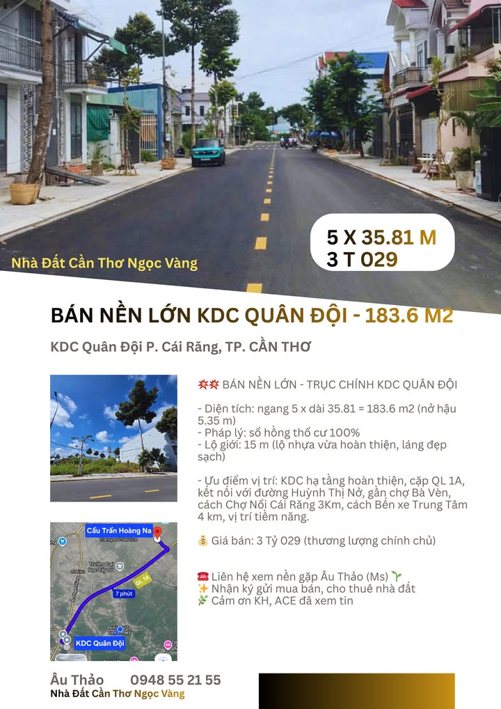 Đất nền KDC Quân Đội Cái Răng 183.6m² - Sổ đỏ chính chủ!