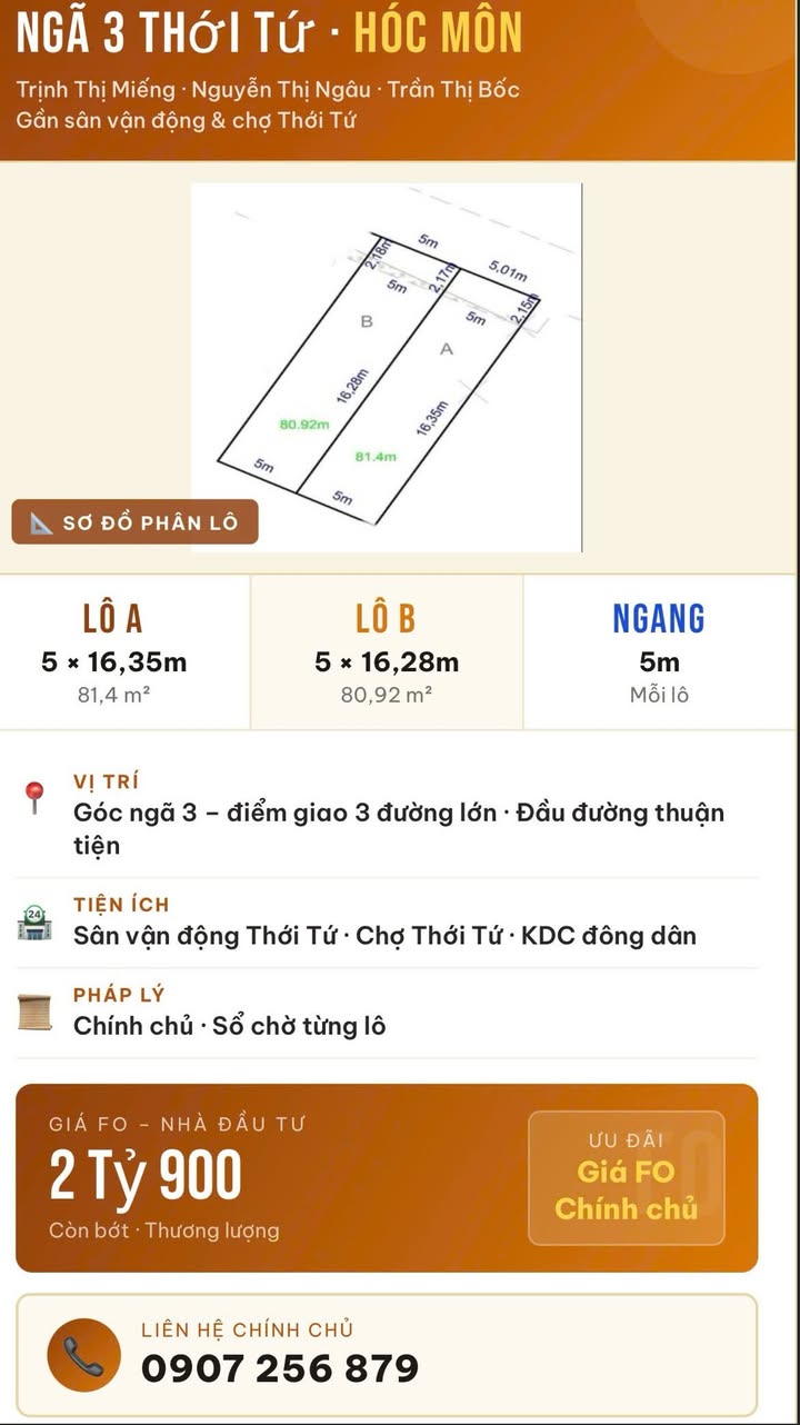 Đất nền Hóc Môn 90m² - Sổ đỏ chính chủ, giá F0!