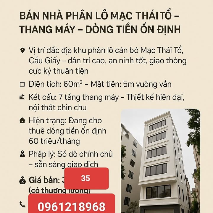 Nhà Phân Lô Mạc Thái Tổ 60m² 7 Tầng Thang Máy - Dòng Tiền 60 Triệu/Tháng