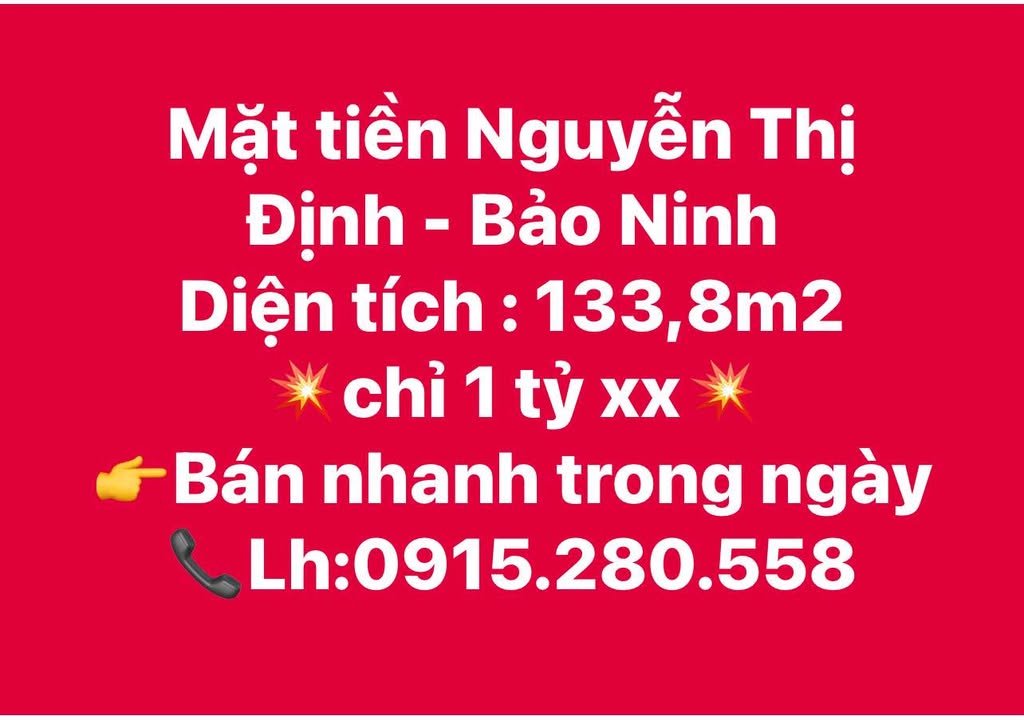 Mặt tiền Nguyễn Thị Định, Đồng Hới - 134m² Giá 1 Tỷ - Cơ Hội Vàng