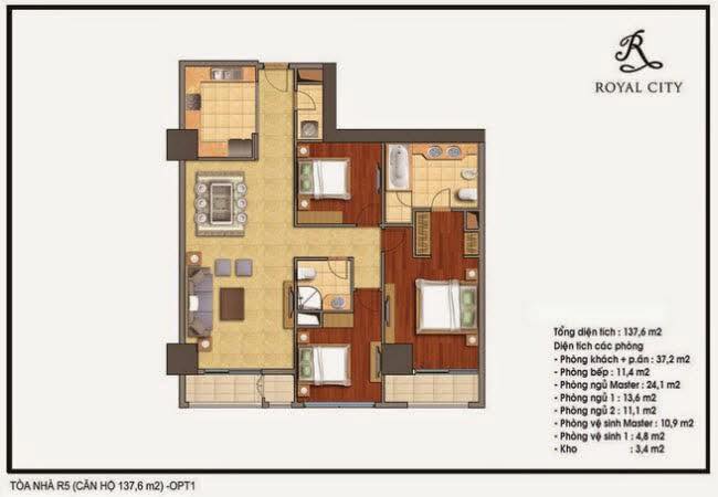 Căn hộ Royal City 138m² - View đẹp, 3PN, không cột!