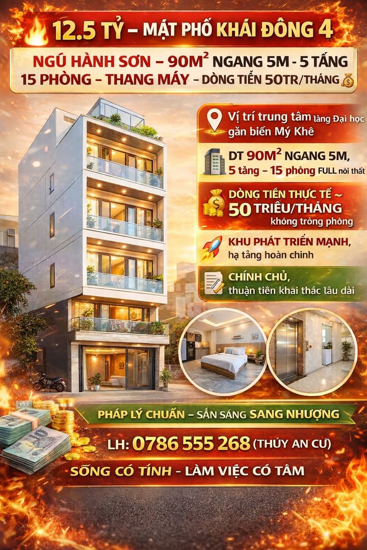Mặt Phố Khái Đông 4, Đà Nẵng: Nhà 5 Tầng Thang Máy, 15PN - Dòng Tiền 50tr/tháng