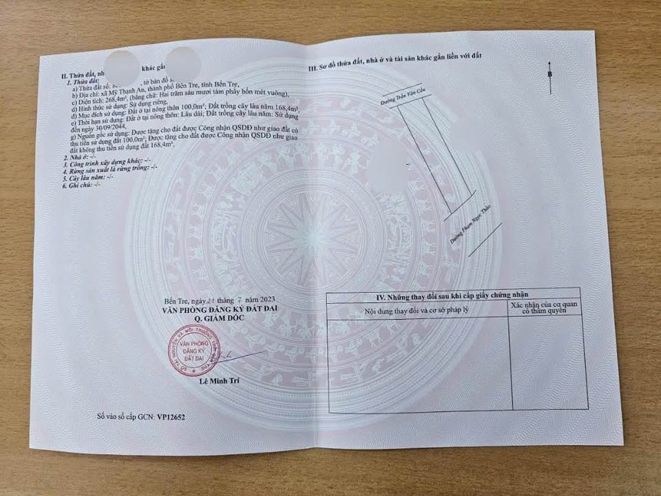 Đất 2 Mặt Tiền Phạm Ngọc Thảo Bến Tre - 268m² Thổ Cư, Giá 3.9 Tỷ