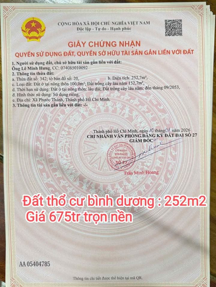 Đất nền 252m² Dầu Tiếng - Sổ đỏ chính chủ, giá chỉ 675 triệu