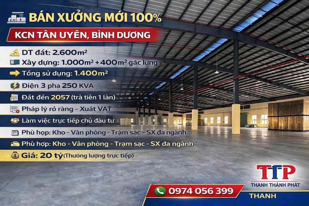 Xưởng Mới KCN Tân Uyên, Bình Dương 2600m² - Hoạt động ngay!