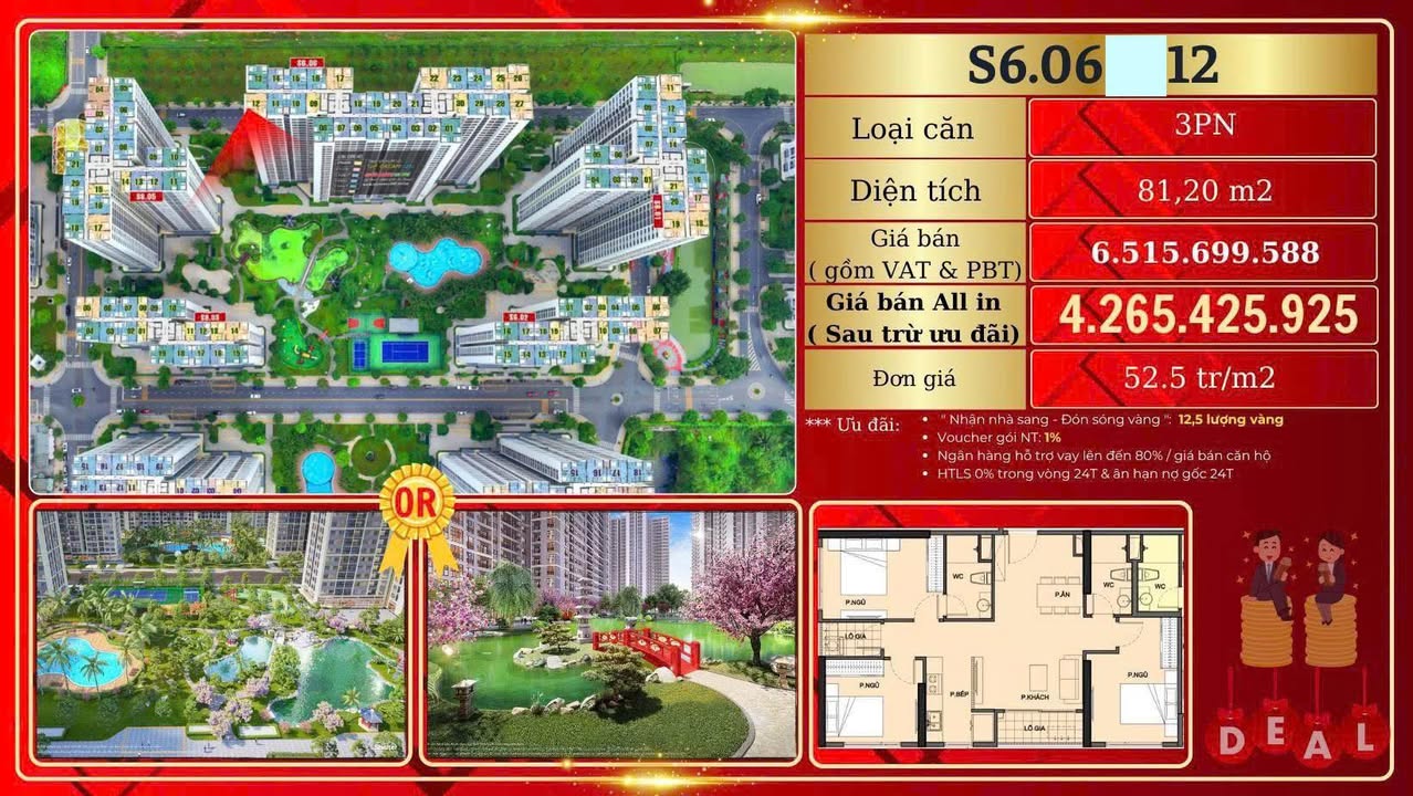 Căn hộ 3PN Vinhomes Grand Park 81m² - Giá 4.26 tỷ, Nhận nhà 180 ngày