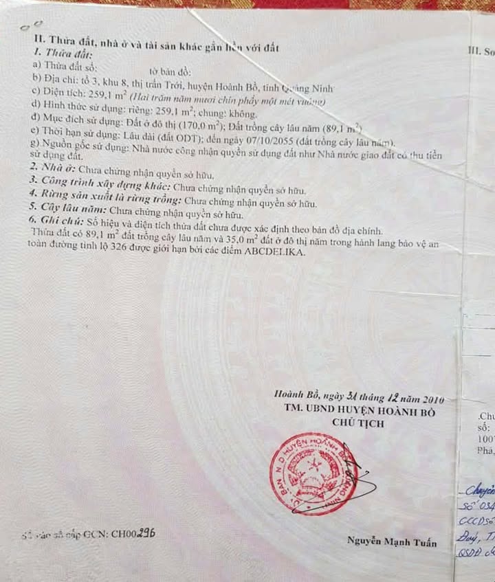 Đất Vàng Tỉnh Lộ 326 - 259m² Mặt Tiền 10m - TT Trới, Hoành Bồ - Giá 2.2 Tỷ