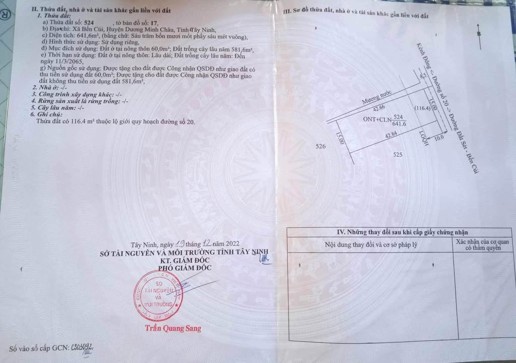 Bán đất Xã Bến Củi, Dương Minh Châu 641.6m² - Sổ đỏ sẵn sàng