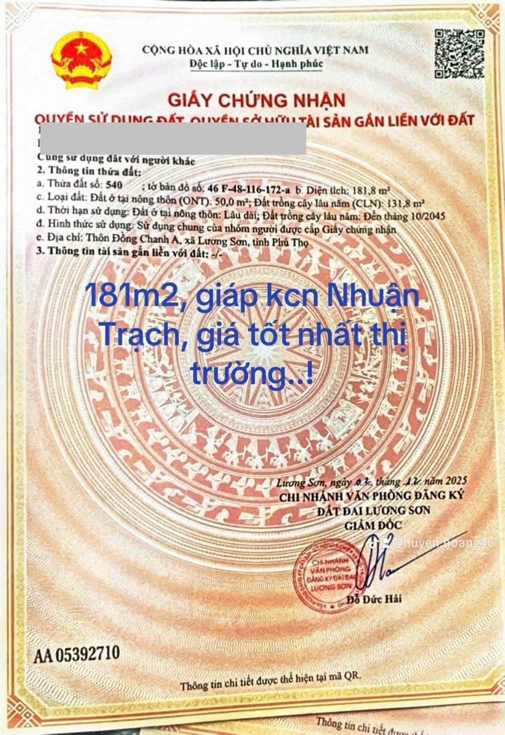 Đất nền Lương Sơn, Hòa Bình 181m² - Tiềm năng tăng giá, đầu tư sinh lời!