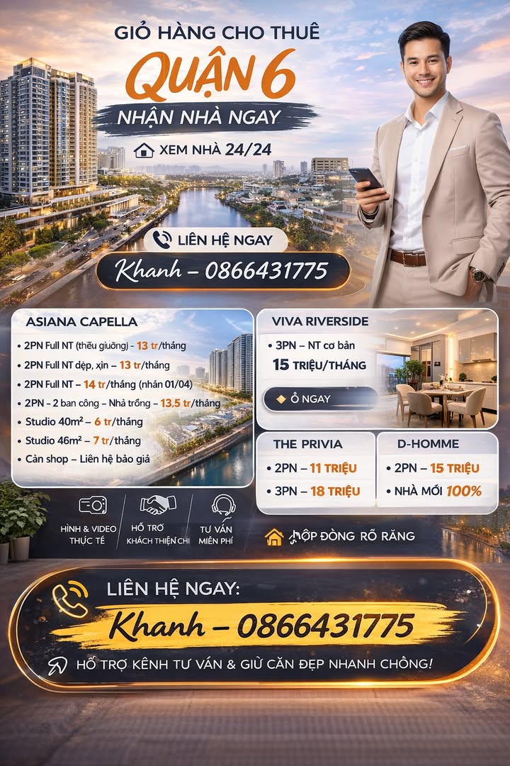 Cho thuê căn hộ Quận 6 - Asiana Capella, Full nội thất, giá từ 6 triệu