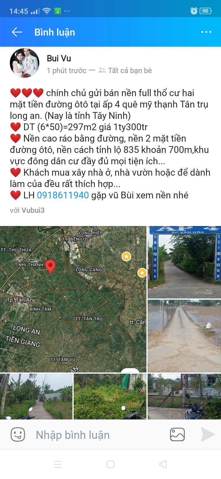 Bán Nền Full Thổ Cư 297m² 2 Mặt Tiền Ô Tô, Long An - Giá 1.3 Tỷ