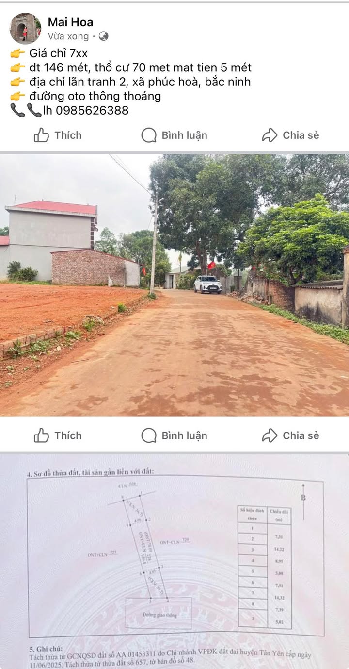 Đất nền Tân Yên 146m² giá 700 triệu - Đường ô tô thông thoáng!