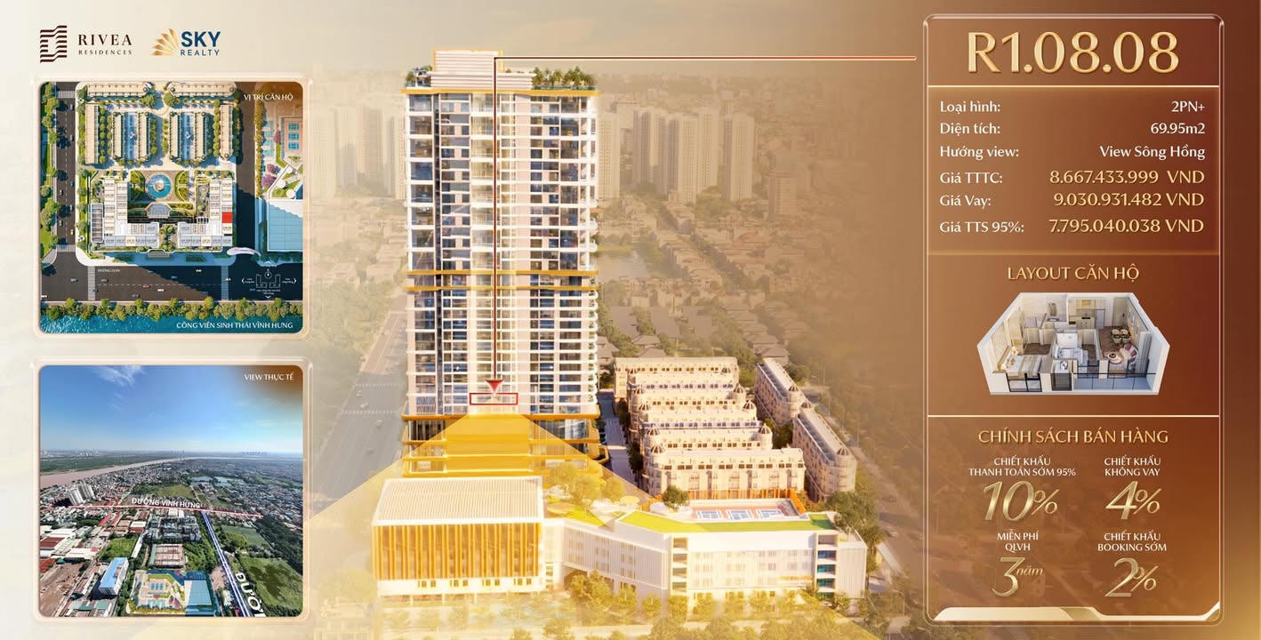 Căn hộ Rivea Hoàng Mai 70m² giá 7.7 tỷ - View Sông Hồng đẹp mê ly!