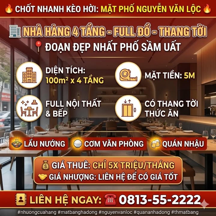 Sang nhượng Nhà hàng Nguyễn Văn Lộc 100m² x 4T - Mặt tiền kinh doanh!