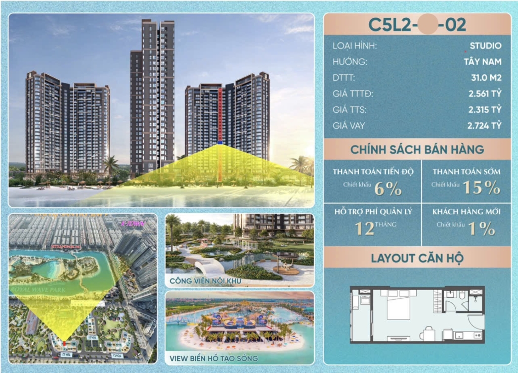 Studio Masteri Grand Coast 31m² - View Hồ Trực Diện, Đầu Tư Sinh Lời