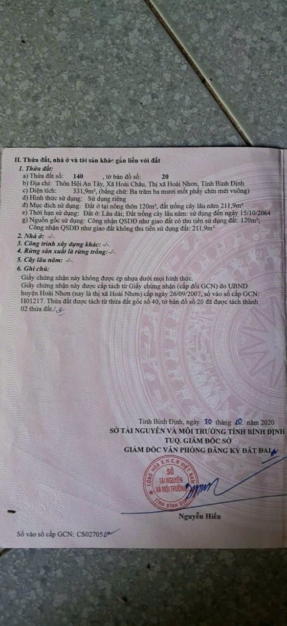 Bán Đất Thổ Cư 331m² Tại Hoài Châu, Bình Định - Tách 2 Lô, Giá 7xx Triệu