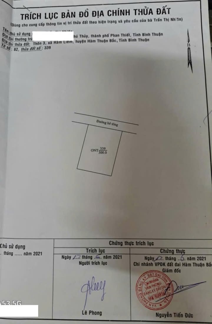 Đất thổ cư 300m² Hàm Liêm, Bình Thuận - Giá 990 triệu, đường 4.5m