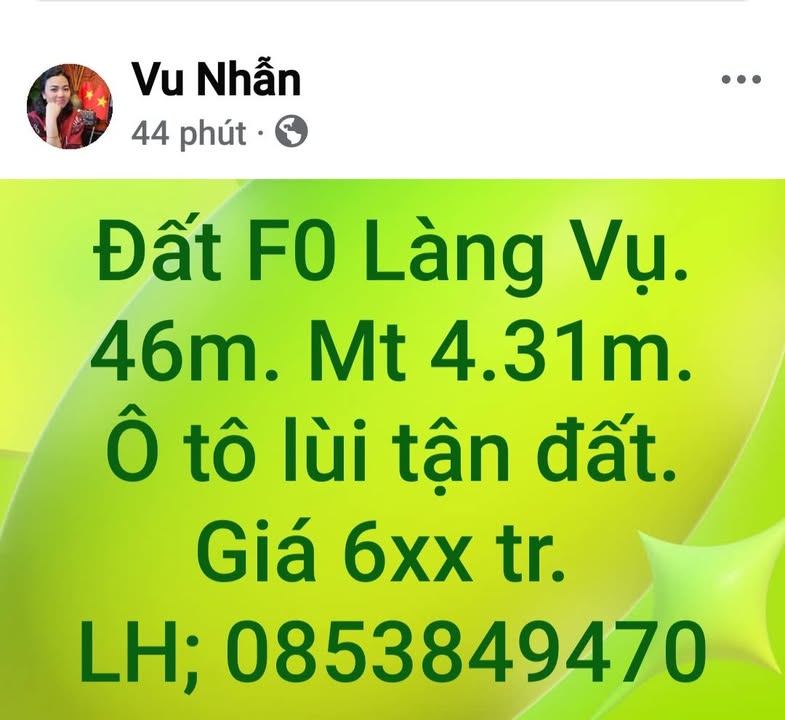 Bán Đất Làng Vụ Nam Định 46m² - Giá 690 Triệu