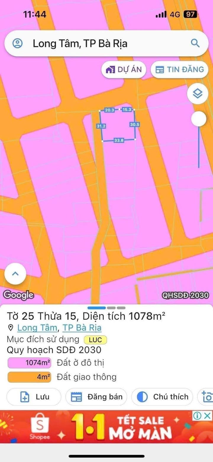 Đất nền Long Tâm Bà Rịa 1.081m² giá 8 tỷ - Sổ đỏ chính chủ