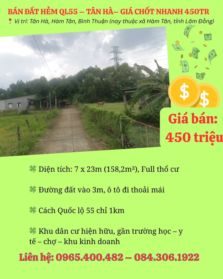 Đất nền Tân Hà Hàm Tân 158m² giá 450 triệu - Sổ đỏ chính chủ