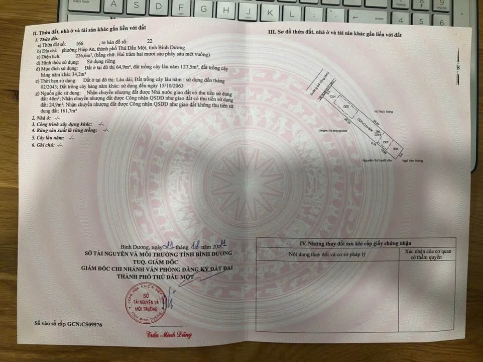 Bán Đất Thổ Cư 226m² Phường Phú An, TP. Thủ Dầu Một - Giá 2.3 Tỷ