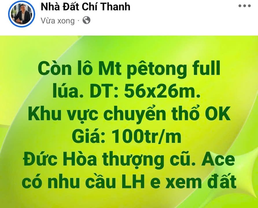 Đất nền Đức Hòa Thượng Long An - 1456m² Mặt tiền Pêtong, Sẵn Sàng Chuyển Thổ