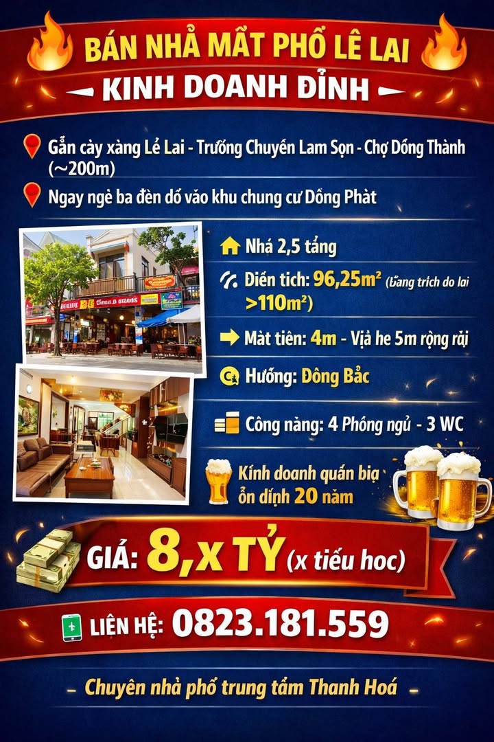 Mặt Phố Lê Lai, TP Thanh Hóa - Kinh Doanh 96m² - 8.x Tỷ