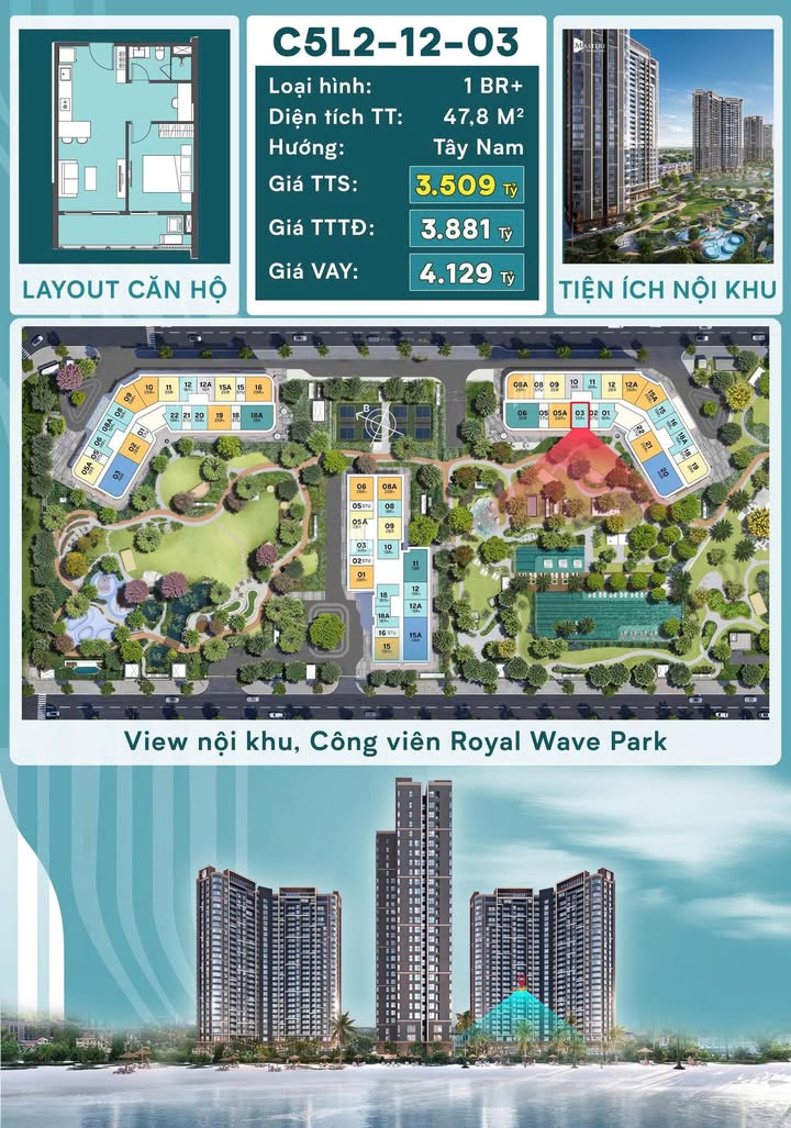Căn hộ Vinhomes Ocean Park 47.8m² giá 3.5 tỷ - View hồ cực đẹp!