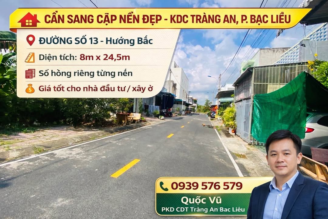 Đất nền KDC Tràng An Bạc Liêu 196m2 thỏa thuận - Sổ hồng riêng