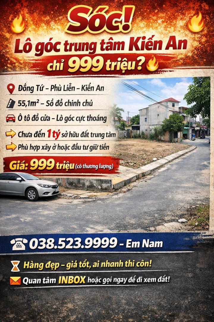 Đất Lô Góc Kiến An, Hải Phòng - 55m² Sổ Đỏ Chính Chủ, Giá 999 Triệu