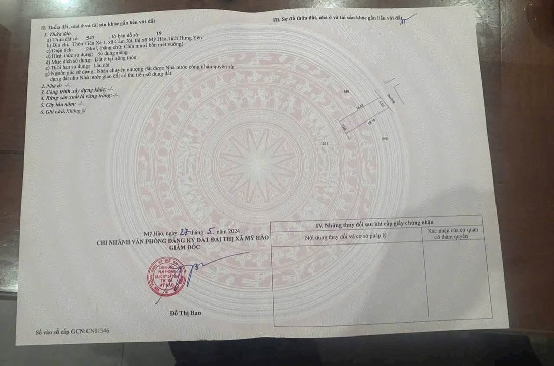 Đất nền Mỹ Hào, Hưng Yên 94m² - Sổ đỏ sẵn, ô tô tránh