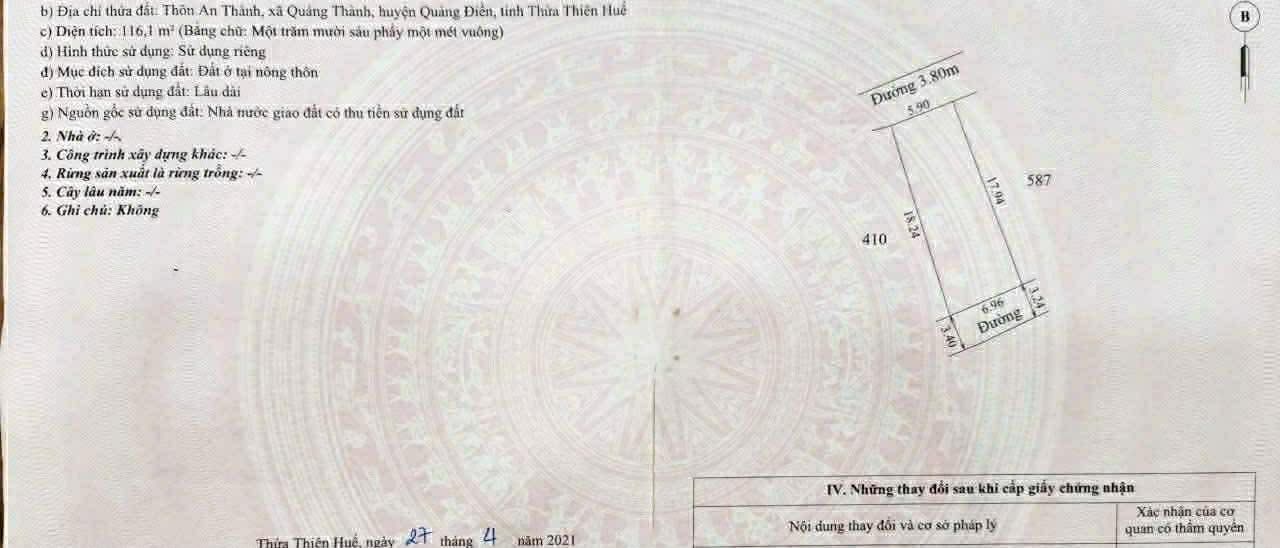 Đất nền Quảng Thành, Huế 116m² - Sổ đỏ chính chủ, 2 mặt tiền!