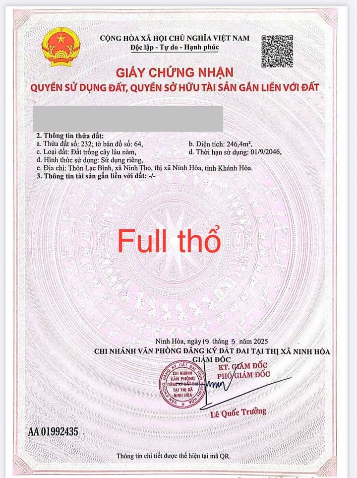 Đất nền Thôn Lạc Bình Ninh Hoà 246m² - Sổ đỏ chính chủ!