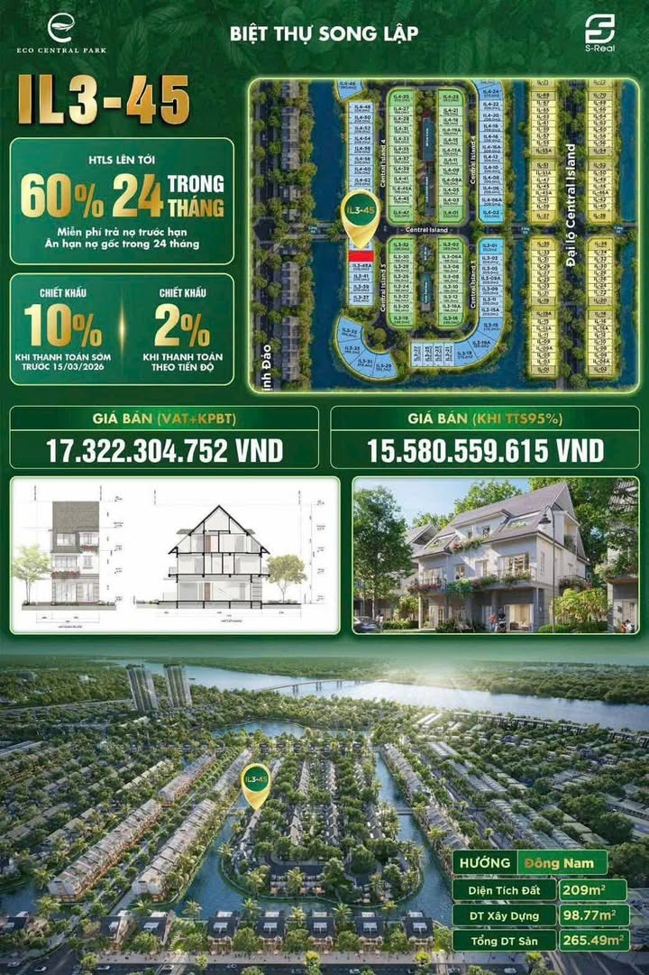 Biệt thự Song Lập Eco Central Park - 209m² - Trái tim Đảo Xanh - 15.58 Tỷ