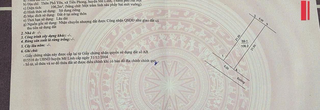 Đất Mê Linh 106m² - Sổ Đỏ Sẵn Sàng, Gần Phố Tiền Phong