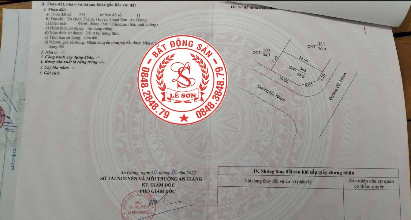 Đất nền góc 2 mặt tiền 94m² chợ Thoại Sơn, An Giang - Giá 1.15 tỷ