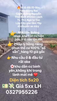 Đất Nền Bàu Hàm Đồng Nai - Sổ Sẵn 100m² - Giá F0 5xx Triệu