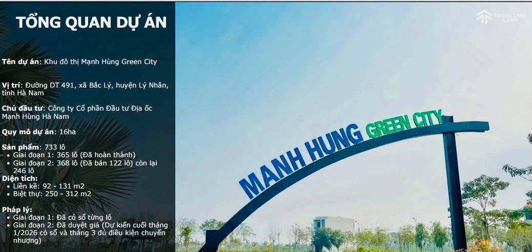 Đất nền Mạnh Hùng Green City, Lý Nhân, Hà Nam - 92m², 1.8 tỷ, tiềm năng sinh lời